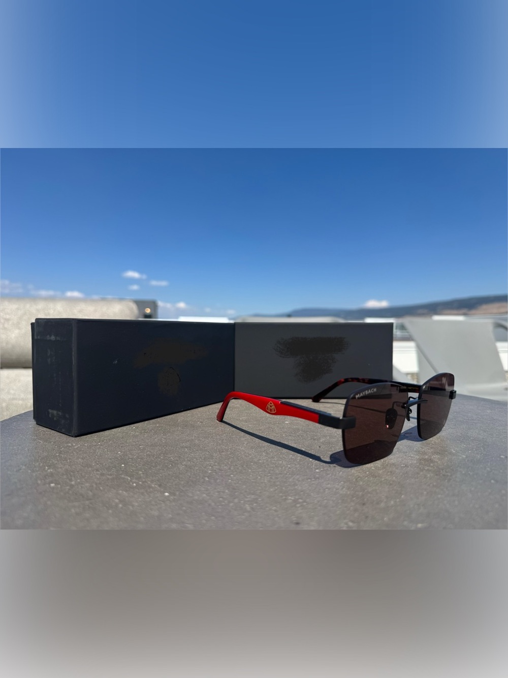 Men’s Rimless Sunglasses - Black Lenses with Red Temples